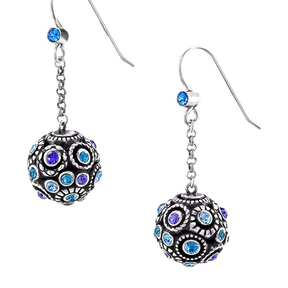 Brighton Dangle Earrings HALO SPHERE Ball Tanzanite Blue topaz Purple Crystals - Picture 1 of 2